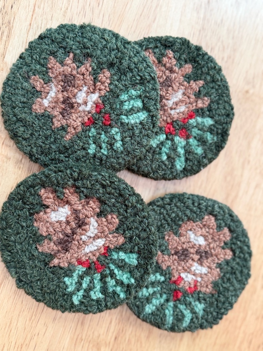 Handmade wool Green Pinecone Coasters - Set of 4
